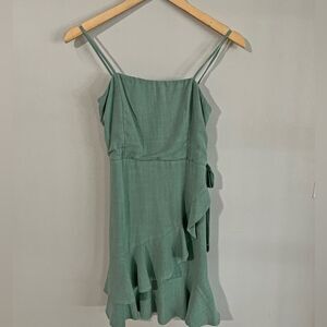 Blue Blush Sage Green Ruffle Wrap Dress Linen Blend Tie Waist Small